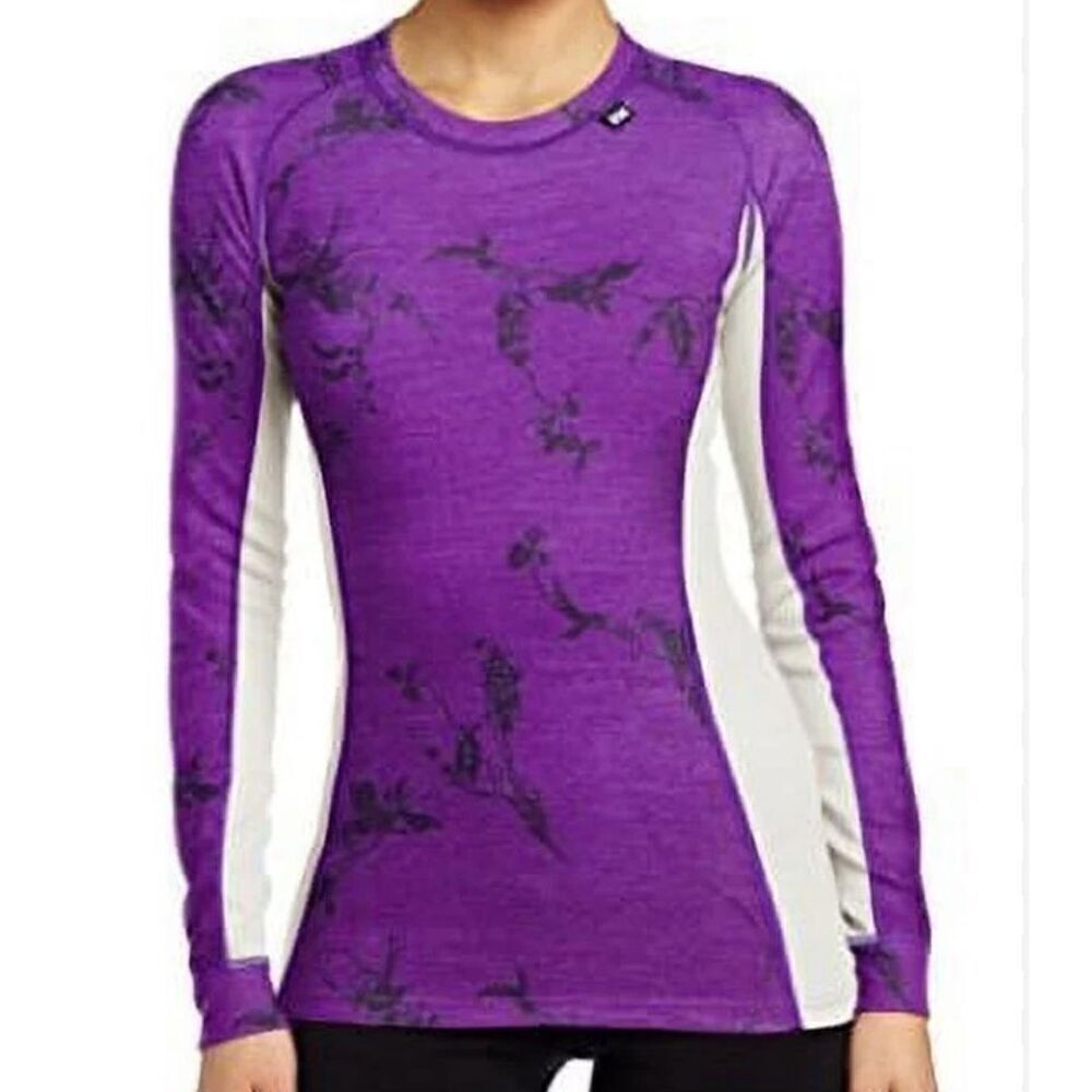 EUC Helly Hansen Long Sleeve Purple White Floral Fleece Elbows Thermal Top - Siz